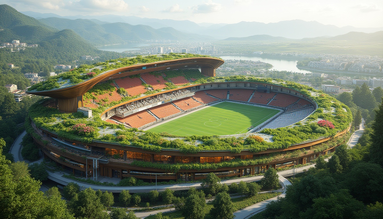 Prompt: \Integrated stadium design, lush green roofs, living walls, natural ventilation systems, cantilevered seating areas, panoramic views of surrounding landscape, rolling hills, serene lakeside, wooden accents, earthy tones, modern curved lines, sleek metallic structures, eco-friendly materials, sustainable energy solutions, solar panels, rainwater harvesting systems, vibrant flower arrangements, educational signage, interactive exhibits, dynamic lighting systems, shallow depth of field, 1/1 composition, realistic textures, ambient occlusion.\