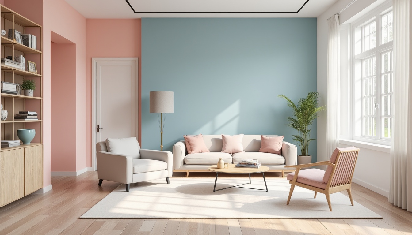 Prompt: Vibrant modern interior, sleek furniture, bold accent walls, pastel color scheme, soft pink hues, calming blue tones, creamy white shades, metallic gold accents, natural wood textures, geometric patterns, Scandinavian design inspiration, minimalistic approach, abundant daylight, softbox lighting, 3/4 composition, realistic rendering.