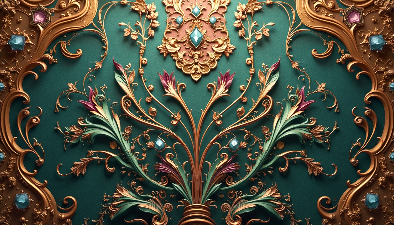 Prompt: Intricate ornate designs, flowing organic lines, elegant whiplash curves, luxurious materials, opulent textures, jewel-toned colors, emerald green, sapphire blue, amethyst purple, gold accents, copper details, warm beige backgrounds, rich walnut wood, velvet fabrics, Art Nouveau patterns, stylized florals, curvilinear shapes, subtle gradient effects, high-contrast lighting, dramatic shadows, ornate metalwork, decorative typography, elaborate architectural elements, grandiose interior spaces.