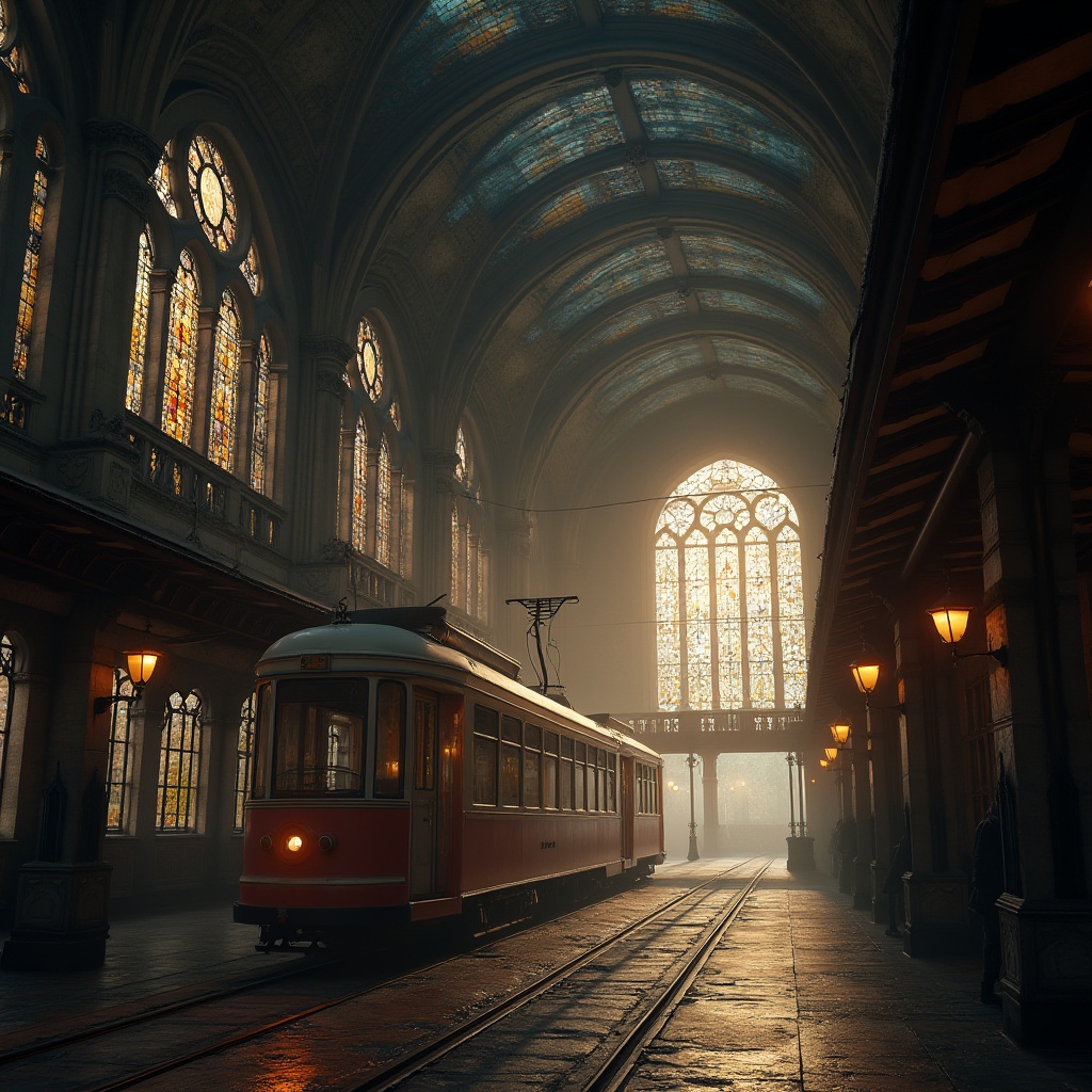 Prompt: Intricate tram station, grand vaulted ceilings, stunning stained glass windows, ornate Gothic arches, ribbed columns, mystical lanterns, distressed stone walls, aged metal accents, dramatic chiaroscuro lighting, mysterious foggy atmosphere, cinematic close-up shots, 1/2 composition, symmetrical framing, warm golden hour tones, rich textures, ambient occlusion.