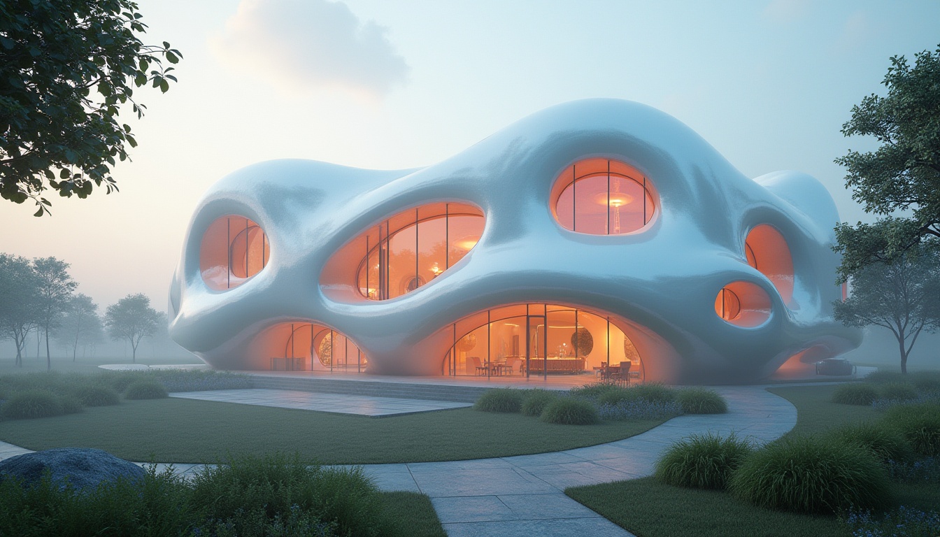 Prompt: Organic blob-shaped building, wavy irregular lines, futuristic architecture, iridescent colors, glossy reflective surfaces, translucent materials, amorphous structures, surreal atmosphere, dreamy ambiance, soft diffused lighting, shallow depth of field, 1/2 composition, cinematic view, realistic textures, ambient occlusion, misty morning, gentle breeze, lush greenery surroundings.