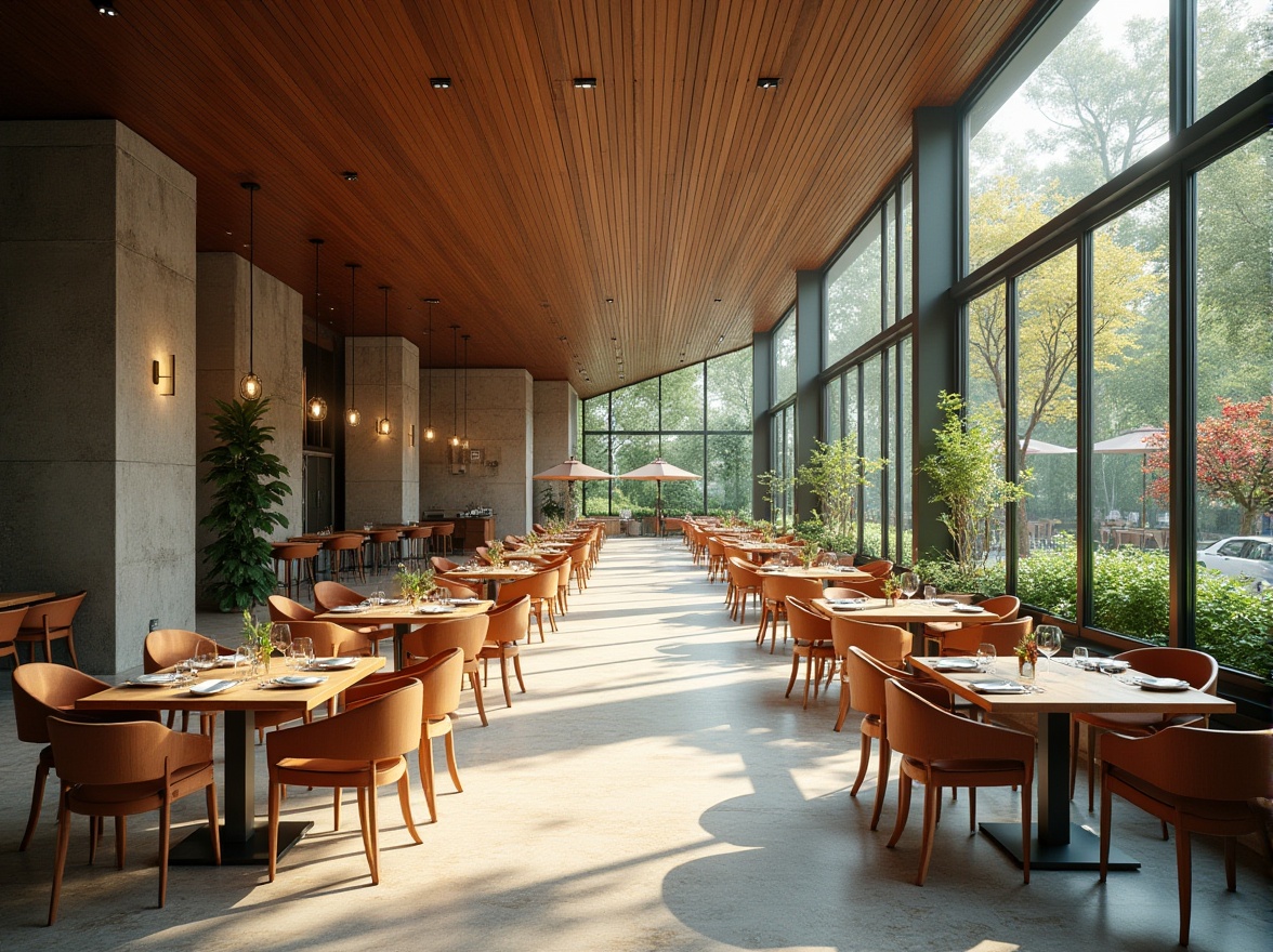 Prompt: Spacious dining hall, high ceilings, large windows, glass doors, natural stone floors, wooden tables, comfortable chairs, pendant light fixtures, soft warm lighting, shallow depth of field, 3/4 composition, panoramic view, realistic textures, ambient occlusion, lush greenery, blooming flowers, sunny day, outdoor seating areas, umbrellas, modern minimalist design, sleek lines, eco-friendly materials, innovative cooling technologies.