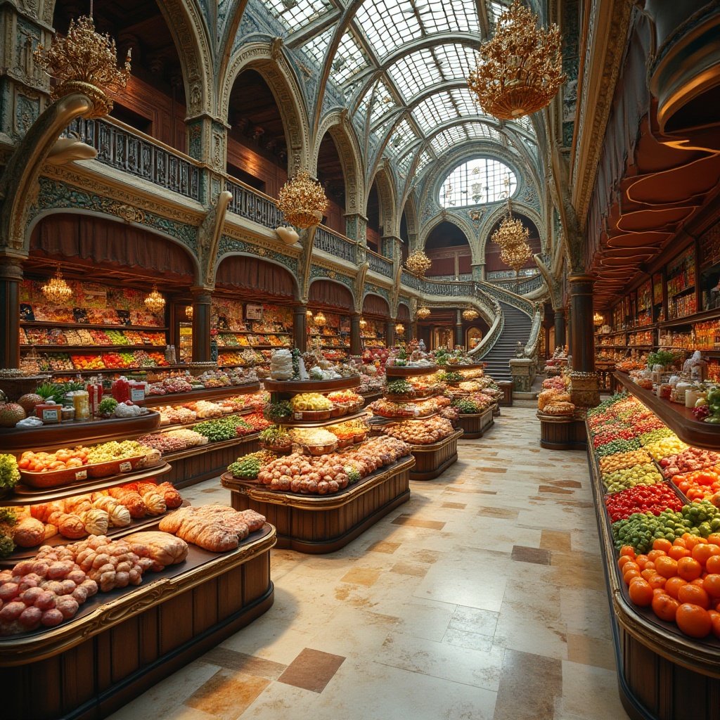 Prompt: Elegant grocery store, curved lines, flowing organic forms, ornate metalwork, intricate wood carvings, stained glass ceilings, vibrant colorful tiles, decorative floral patterns, luxurious chandeliers, grand staircases, richly polished marble floors, abundant natural light, warm soft lighting, 1/1 composition, shallow depth of field, realistic textures, ambient occlusion.