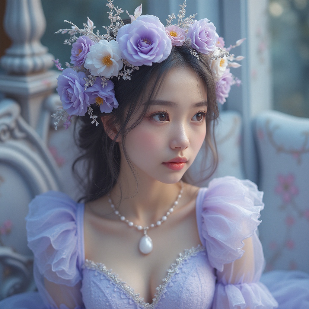 Prompt: Soft lavender blue hues, pastel purple accents, creamy whites, warm beige tones, subtle silver metallic, whimsical cloud-inspired shapes, delicate floral patterns, intricate lace details, romantic Victorian-era architecture, ornate ironwork, mystical moonlit night, dreamy soft focus, shallow depth of field, 1/2 composition, intimate portrait view, realistic fabric textures, gentle ambient occlusion.