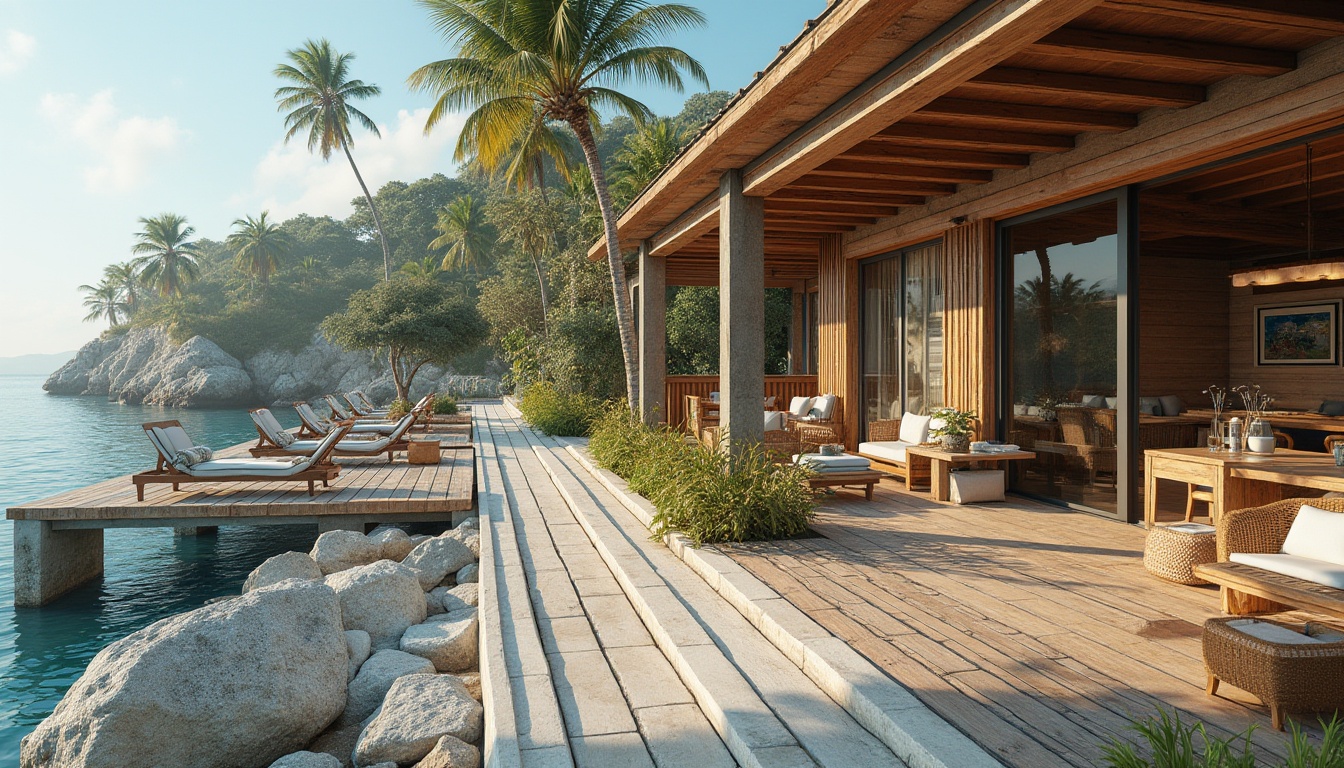 Prompt: Weathered wooden docks, ocean-inspired color palette, driftwood accents, coral-patterned tiles, sea-salt-weathered stone walls, eco-friendly roofing materials, solar-powered lighthouses, recycled glass railings, coastal vegetation integration, natural fiber textiles, woven rattan furniture, reclaimed wood features, beachy ambiance, soft warm lighting, shallow depth of field, 1/1 composition, realistic ocean sounds, ambient occlusion.Please let me know if this meets your requirements!