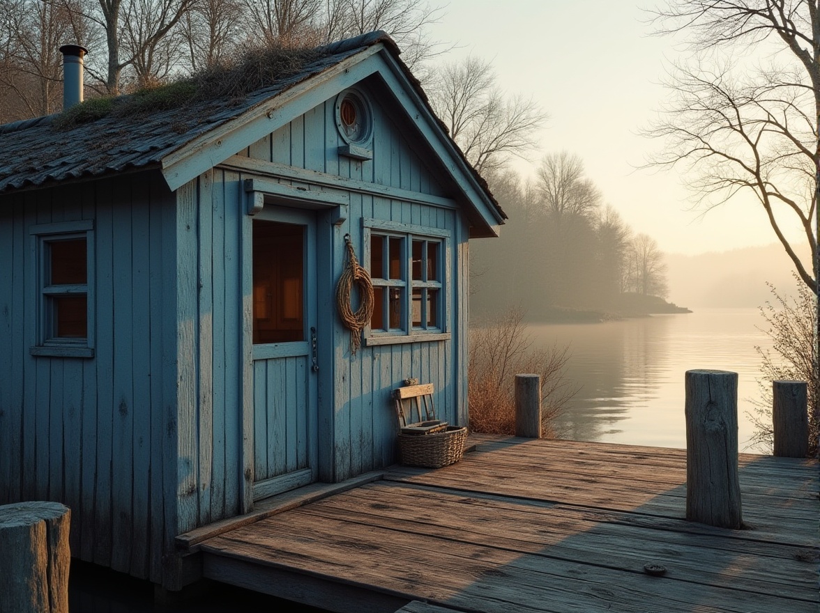 Prompt: Rustic boathouse, weathered wood accents, soft blue-gray hues, nautical rope details, distressed finishes, lake-inspired color palette, earthy tones, natural textures, wooden docks, serene waterfront, misty morning light, warm golden lighting, 1/1 composition, intimate atmosphere, realistic reflections, ambient occlusion.