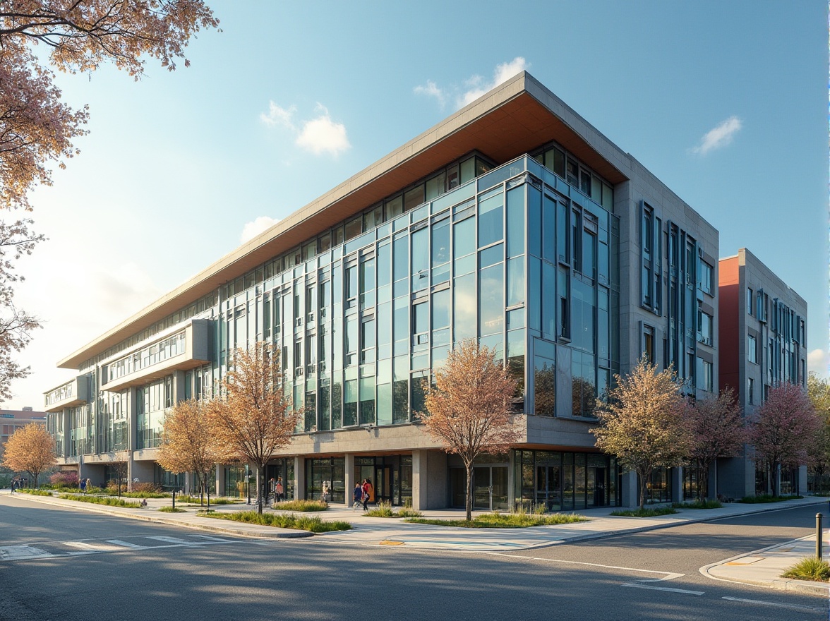 Prompt: Modern high school building, academic facade, sleek glass walls, minimalist steel frames, vibrant colorful accents, geometric patterns, innovative shading systems, solar panels, green roofs, eco-friendly materials, natural stone foundations, blooming trees, sunny day, soft warm lighting, shallow depth of field, 3/4 composition, panoramic view, realistic textures, ambient occlusion.