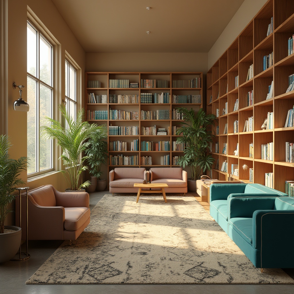 Prompt: Cozy library atmosphere, warm beige walls, rich wood accents, comfortable seating areas, floor lamps, soft carpet flooring, calming blue-green color scheme, natural light filtering through large windows, modern minimalist shelving units, metallic book ladders, vibrant greenery, decorative bookends, geometric patterned rugs, warm golden lighting, shallow depth of field, 1/1 composition, realistic textures, ambient occlusion.