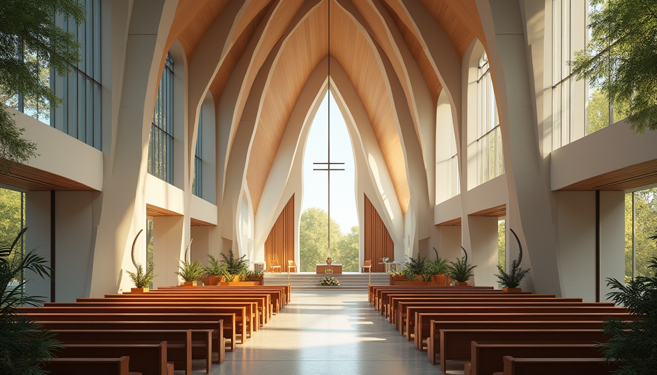 Prompt: Contemporary church architecture, grand entrance, sweeping arches, stained glass windows, minimalist interior, sleek lines, angular forms, vaulted ceilings, natural light pouring, wooden pews, ornate altar, modern sculptures, abstract artworks, calming ambiance, soft warm lighting, shallow depth of field, 3/4 composition, panoramic view, realistic textures, ambient occlusion, peaceful atmosphere, serene surroundings, lush greenery, blooming flowers.