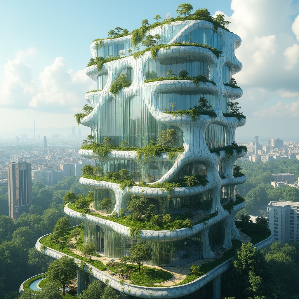 Prompt: Eco-friendly skyscraper, fusion architecture, curved lines, green roofs, solar panels, wind turbines, water conservation systems, recycled materials, natural ventilation, double glazing, low-carbon footprint, urban agriculture, rooftop gardens, vertical farming, organic forms, parametric design, computational geometry, futuristic aesthetic, shimmering glass fa\u00e7ade, iridescent colors, dynamic lighting, 1/1 composition, shallow depth of field, panoramic view, realistic textures, ambient occlusion.