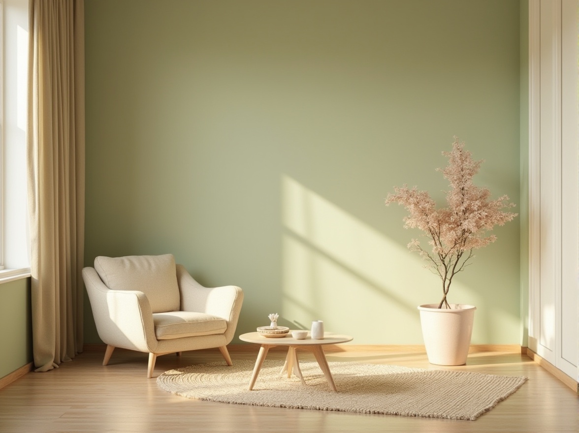 Prompt: Soft pastel hues, calming ambiance, serene atmosphere, natural materials, wooden accents, earthy tones, moss green walls, creamy white trim, gentle beige furniture, warm golden lighting, subtle texture contrasts, minimalist decor, organic shapes, elegant simplicity, 1/2 composition, soft focus, warm color temperature, ambient occlusion.