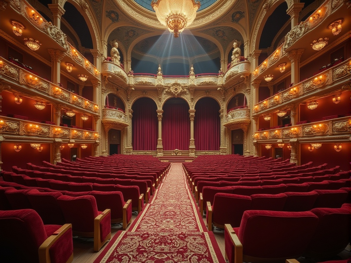 Prompt: Grand amphitheater, Renaissance revival architecture, ornate stone carvings, sweeping archways, golden balconies, velvet curtains, plush red seats, intricate wooden accents, curved tiered seating, grandiose chandeliers, warm soft lighting, dramatic spotlighting, richly patterned rugs, majestic high ceilings, ornate frescoes, lavish decorative trim, 3/4 composition, shallow depth of field, realistic textures, ambient occlusion.