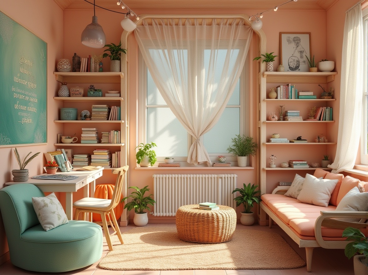 Prompt: Vibrant artistic studio, eclectic furniture, bohemian decor, pastel colors, soft peach tones, calming mint greens, creamy whites, warm beige textures, natural wood accents, abstract artwork, inspirational quotes, cozy reading nooks, warm task lighting, 1/1 composition, intimate atmosphere, realistic brushstrokes, ambient shadows.