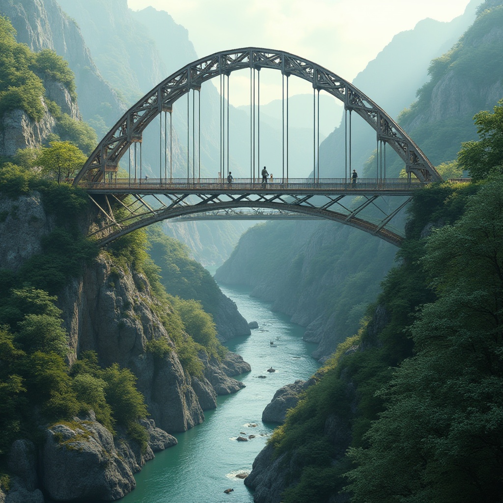 Prompt: Mountainous terrain, winding rivers, lush vegetation, steel arch bridge, modern suspension design, elegant curves, rust-resistant materials, nature-inspired railings, scenic overlooks, pedestrian walkways, cycling paths, recreational areas, water features, natural stone abutments, earthy color palette, soft diffused lighting, misty atmosphere, 1/2 composition, symmetrical framing, cinematic mood.