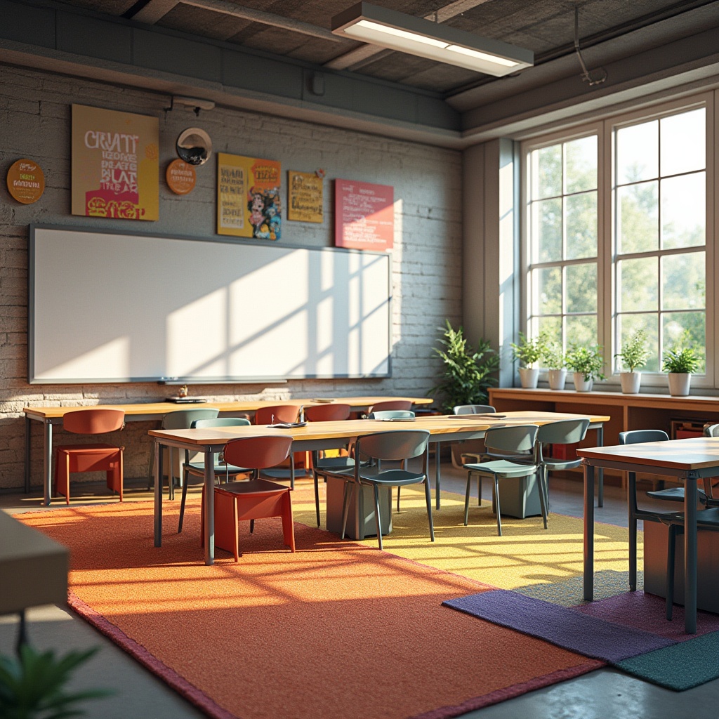 Prompt: Vibrant classroom, collaborative seating, interactive whiteboards, modular desks, ergonomic chairs, abundant natural light, colorful rugs, inspirational quotes, motivational posters, cozy reading nooks, soft warm lighting, shallow depth of field, 3/4 composition, realistic textures, ambient occlusion, modern minimalist decor, sleek metal accents, reclaimed wood furniture, eco-friendly materials, innovative storage solutions.