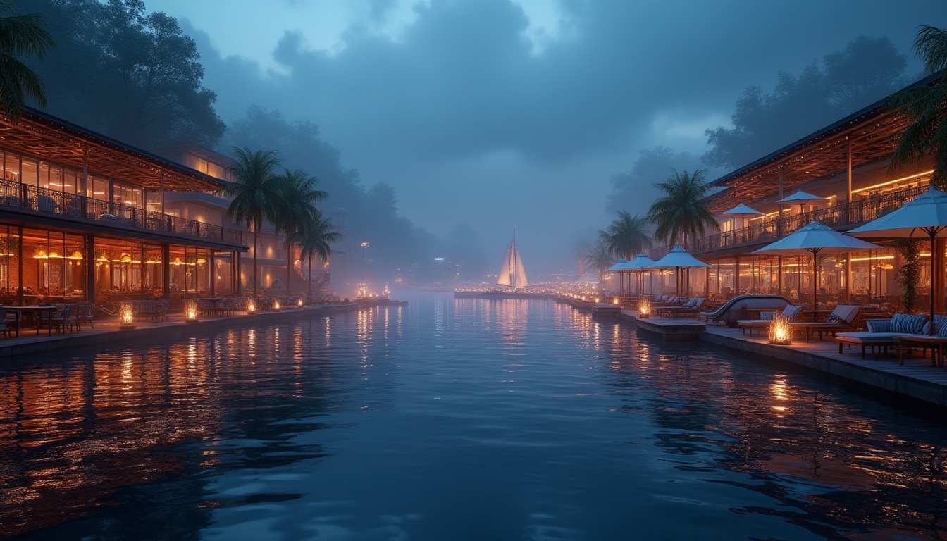 Prompt: Luminous lakefront, tranquil water reflections, misty night atmosphere, sleek modern nightclub architecture, glass facades, LED light installations, outdoor seating areas, fire pits, waterfront promenades, wooden docks, sailboat-inspired decor, nautical-themed accessories, soft ambient lighting, shallow depth of field, 1/2 composition, panoramic views, realistic water textures, atmospheric fog effects.