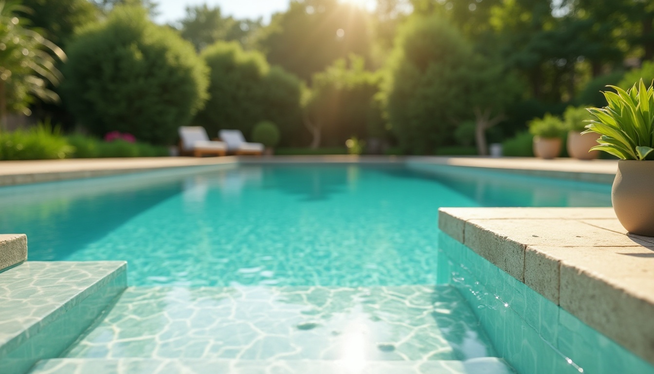 Prompt: Vibrant turquoise pool water, sleek modern coping stones, warm beige deck flooring, lush green surrounding landscape, sunny day, soft warm lighting, shallow depth of field, 3/4 composition, realistic textures, ambient occlusion.