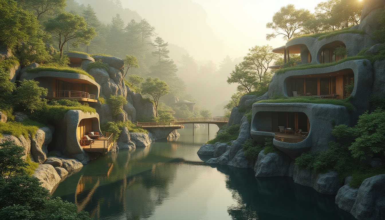 Prompt: Harmonious landscape integration, curved organic lines, natural stone walls, lush green roofs, cantilevered structures, reflective water features, wooden decks, rustic railings, serene forest surroundings, misty morning atmosphere, warm golden lighting, shallow depth of field, 2/3 composition, panoramic view, realistic textures, ambient occlusion.