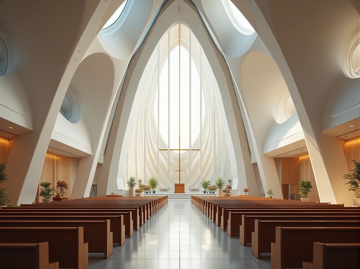 Prompt: Contemporary church architecture, futuristic steeples, curved lines, minimalist facades, large windows, natural light, sacred spaces, open floor plans, community gathering areas, wooden pews, stained glass art, spiritual ambiance, soft warm lighting, shallow depth of field, 3/4 composition, panoramic view, realistic textures, ambient occlusion, abstract sculptures, modern religious symbols, innovative materials, sustainable building practices, green roofs, solar panels, wind turbines, water conservation systems.