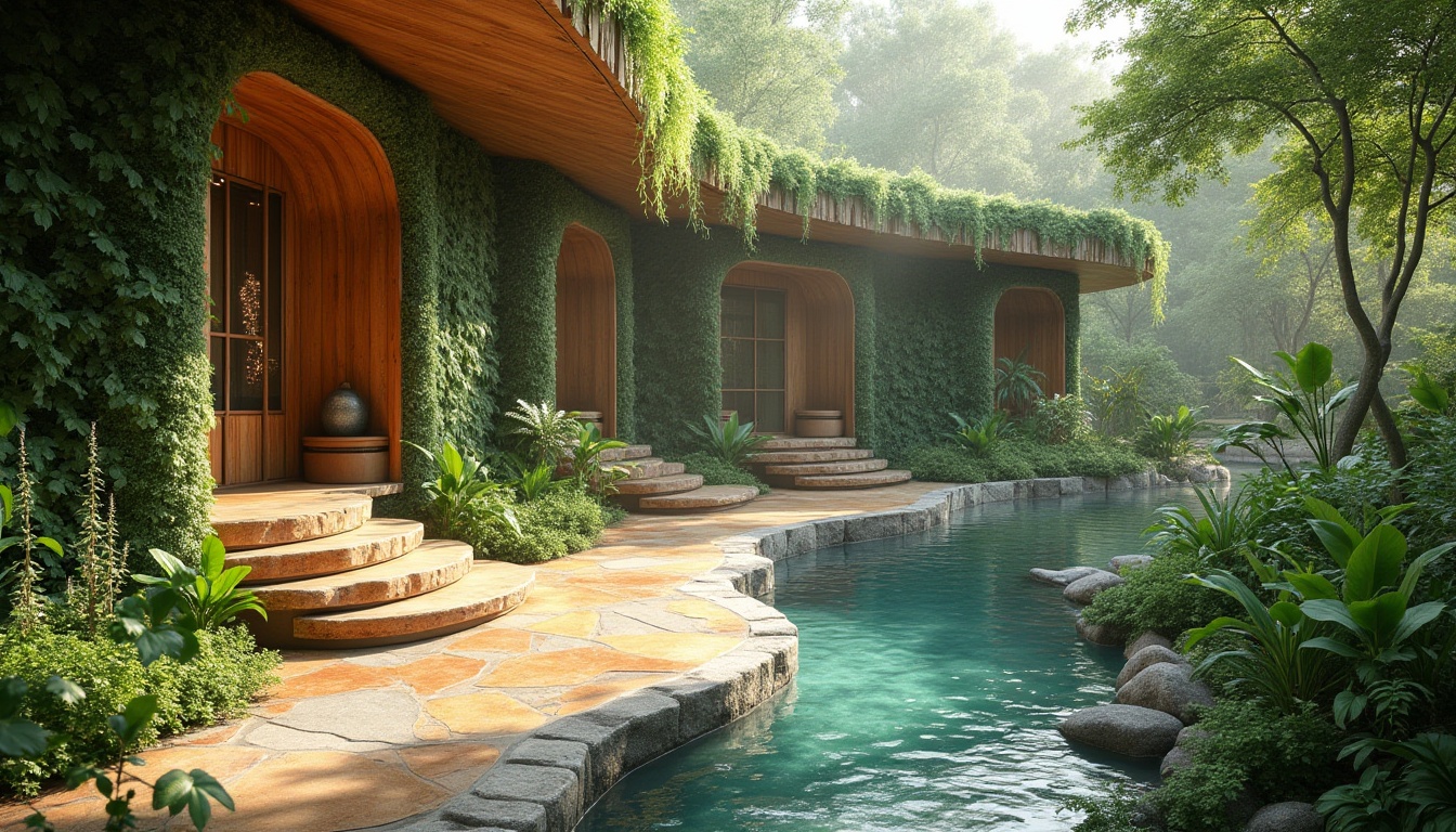 Prompt: Organic shapes, lush green walls, natural stone floors, reclaimed wood accents, living roofs, verdant gardens, serene water features, abundant daylight, soft diffused lighting, earthy color palette, botanical patterns, nature-inspired artwork, minimal ornamentation, seamless indoor-outdoor transitions, panoramic views, curved lines, cozy nooks, sustainable materials, eco-friendly systems, calming ambiance, immersive experiences.