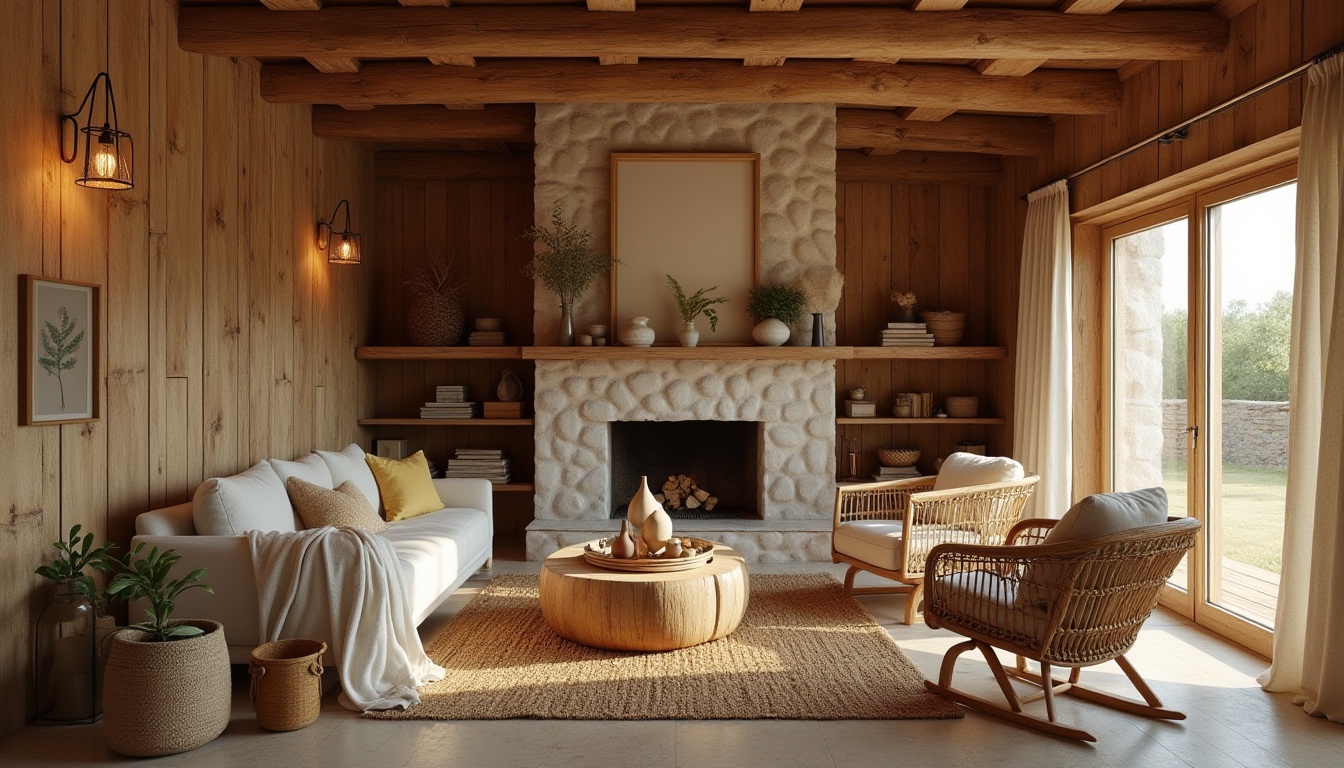 Prompt: Earth-toned cabin, reclaimed wood walls, natural stone fireplace, woven wicker furniture, jute rug, earthy scent, warm ambient lighting, organic textures, nature-inspired patterns, botanical prints, handmade ceramics, rattan accents, bamboo decor, linen upholstery, soft beige curtains, wooden beams, minimal ornamentation, cozy atmosphere, warm color palette, intimate scale, harmonious blend of materials.