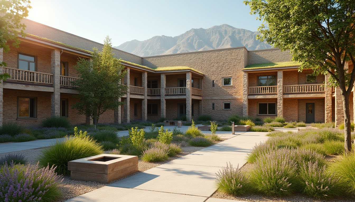 Prompt: Rustic middle school building, earthy brown brick facade, natural stone walls, wooden accents, reclaimed wood benches, vibrant green roofs, living walls, native plant species, regional architectural style, warm sunny day, soft diffused lighting, shallow depth of field, 1/1 composition, realistic textures, ambient occlusion.