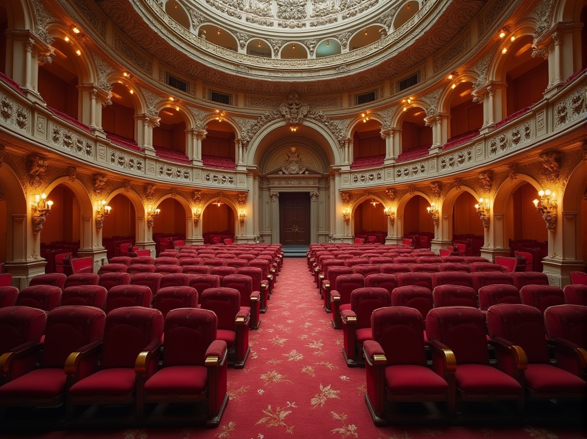 Prompt: Renaissance-style amphitheater, grandeur architecture, ornate decorations, intricate stone carvings, sweeping arches, majestic columns, luxurious velvet seats, golden accents, regal red carpets, subtle warm lighting, soft focus, shallow depth of field, 3/4 composition, symmetrical arrangement, elegant curves, refined textures, ambient occlusion.