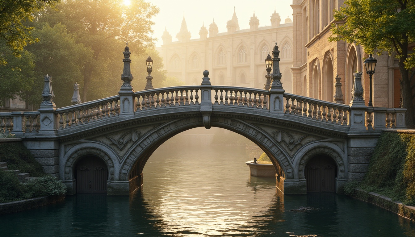 Prompt: Elegant arch bridge, ornate stone balustrades, intricately carved railings, suspended walkways, pedestrian pathways, academic Gothic Revival style, pointed arches, ribbed vaults, flying buttresses, grand entrance gates, decorative lampposts, lush greenery, serene water reflections, misty morning atmosphere, warm golden lighting, shallow depth of field, 1/1 composition, symmetrical framing, realistic stone textures, ambient occlusion.