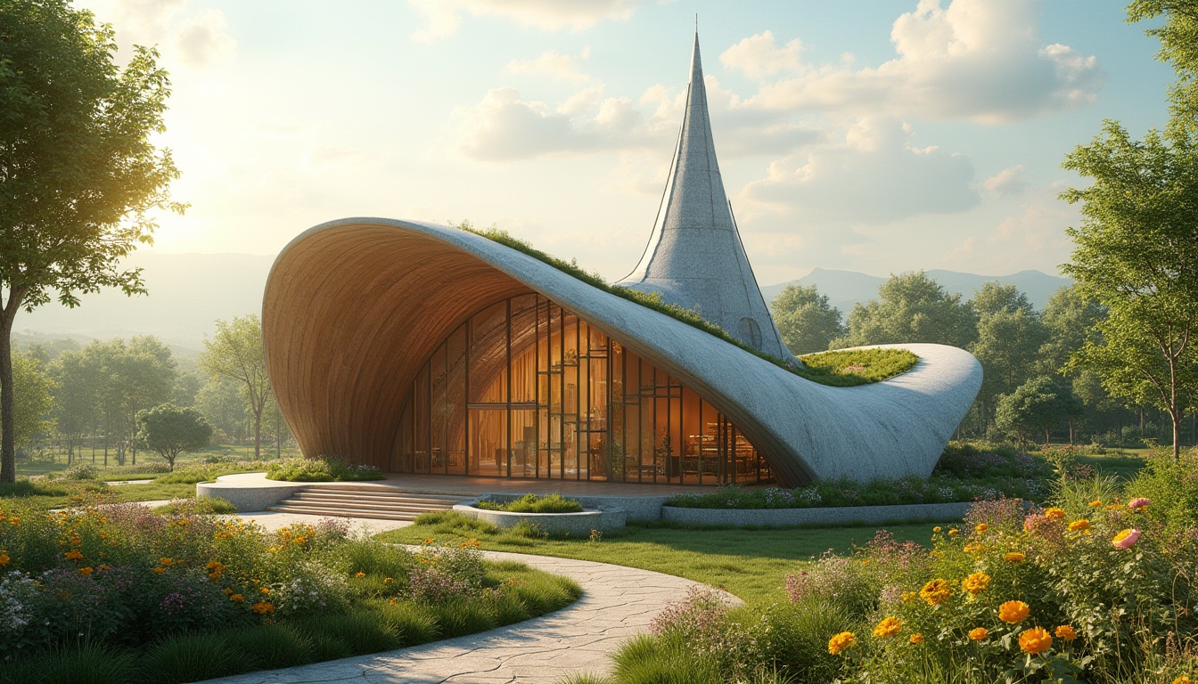 Prompt: Eco-friendly Blobitecture church, curved lines, organic shapes, natural materials, recycled steel structures, green roofs, solar panels, rainwater harvesting systems, living walls, bio-based materials, minimal waste construction, energy-efficient lighting, soft warm ambiance, shallow depth of field, 1/1 composition, panoramic view, realistic textures, ambient occlusion, serene atmosphere, peaceful surroundings, lush vegetation, blooming flowers.