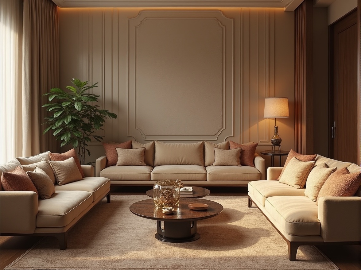 Prompt: Luxurious living room, plush velvet sofas, soft silk throw pillows, intricate embroidered fabrics, natural linen curtains, warm beige walls, rich walnut wood furniture, subtle patterned rugs, ambient dim lighting, 3/4 composition, shallow depth of field, realistic textures.