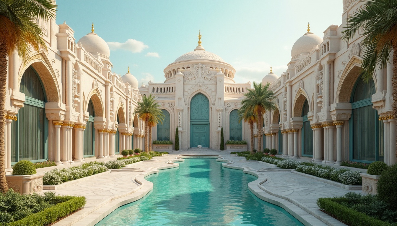 Prompt: Elegant curvaceous buildings, sweeping arches, fluid lines, ornate decorations, grand entranceways, majestic domes, intricate stone carvings, smooth marble surfaces, vibrant turquoise accents, lush greenery, serene water features, soft golden lighting, shallow depth of field, 1/1 composition, realistic textures, ambient occlusion.