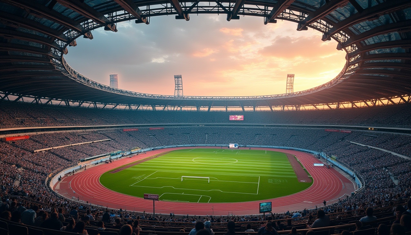 Prompt: Grand stadium, massive steel beams, cantilevered roofs, imposing concrete columns, retractable seating, lush green athletic fields, Olympic-sized tracks, vibrant floodlights, evening sunset ambiance, dramatic shadows, high-angle shot, 1/1 composition, symmetrical architecture, modern minimalist design, sleek metal railings, transparent glass facades, dynamic kinetic sculptures, urban cityscape backdrop, bustling crowd atmosphere, soft warm lighting, realistic textures, ambient occlusion.