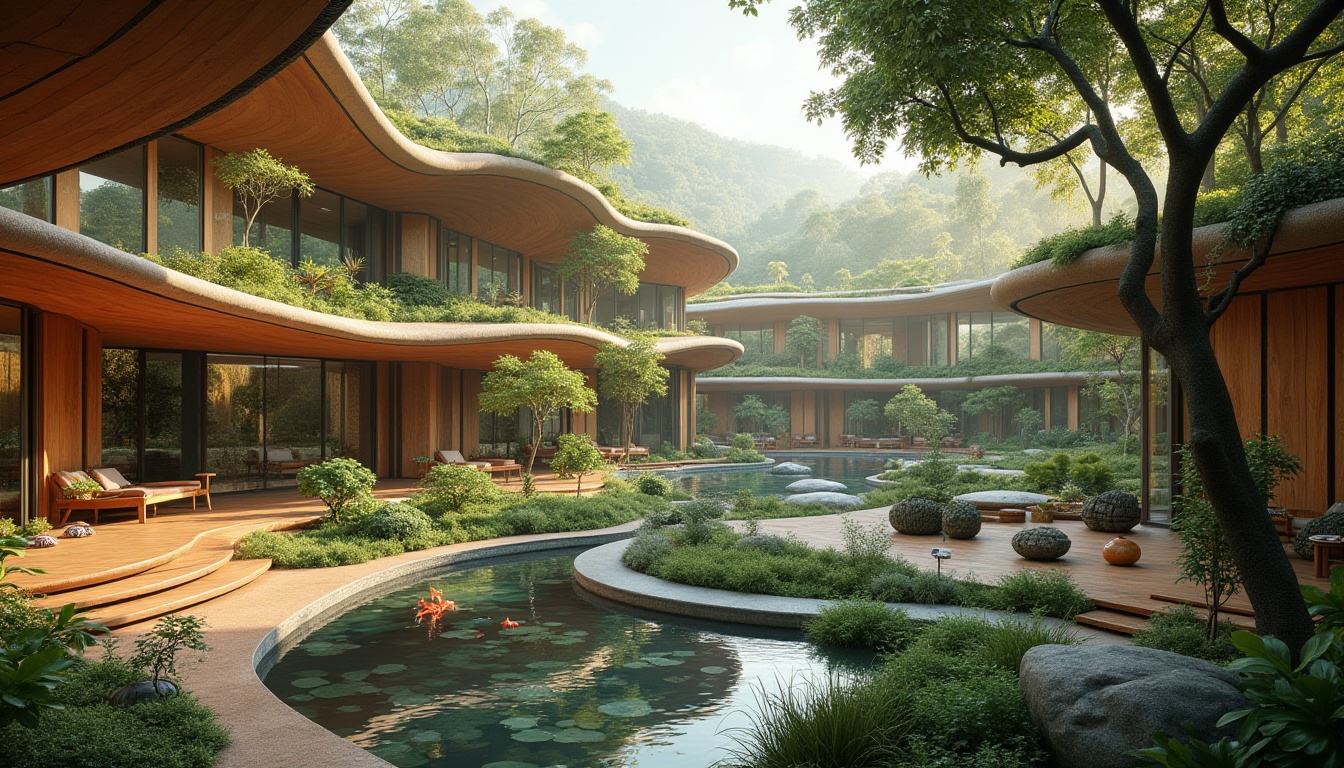 Prompt: Organic curves, botanical patterns, natural materials, wooden accents, earthy tones, living walls, green roofs, eco-friendly fa\u00e7ades, cantilevered structures, panoramic views, abundant natural light, airy atriums, water features, koi ponds, serene ambiance, soft warm lighting, shallow depth of field, 3/4 composition, realistic textures, ambient occlusion.