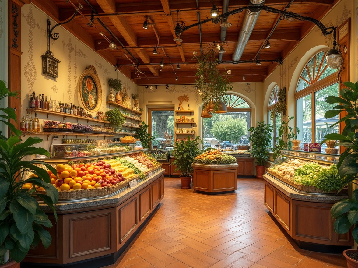 Prompt: \Vibrant grocery store interior, ornate Art Nouveau details, warm golden lighting, rich wood accents, elegant curves, organic shapes, earthy terracotta floors, distressed metal signage, whimsical illustrations, lush greenery, fresh produce stands, vintage-inspired display cases, decorative ceramic tiles, soft cream walls, intricate stenciling, natural stone countertops, eclectic mix of modern and antique fixtures, playful typography, inviting atmosphere, shallow depth of field, 1/2 composition, warm color palette with shades of olive green, terracotta red, golden yellow, creamy white.\Please let me know if this meets your requirements!