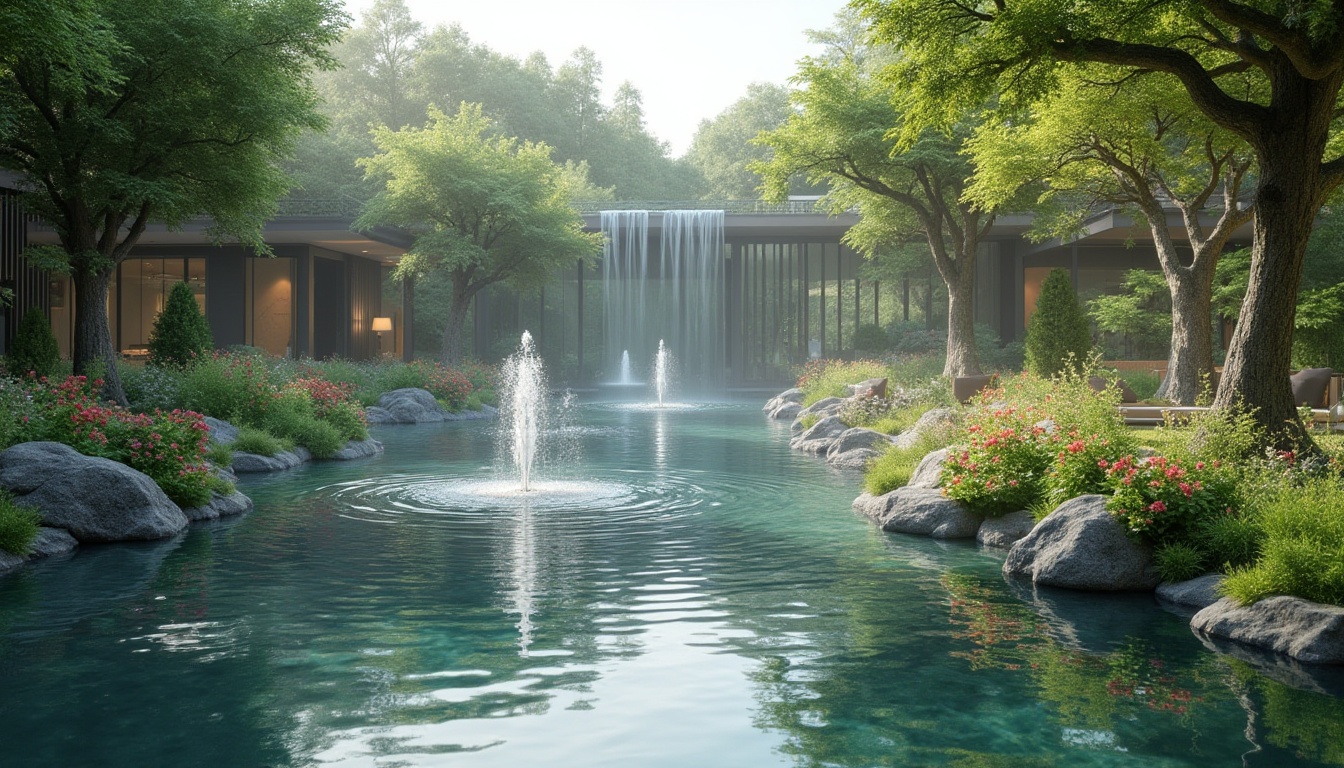 Prompt: Soothing natural ambiance, serene water features, gentle ripples, tranquil ponds, majestic fountains, cascading waterfalls, lush greenery surroundings, vibrant flowers, modern architecture integration, sleek lines, minimalist design, reflective glass surfaces, subtle lighting effects, misting systems, shallow depth of field, 3/4 composition, panoramic view, realistic textures, ambient occlusion.