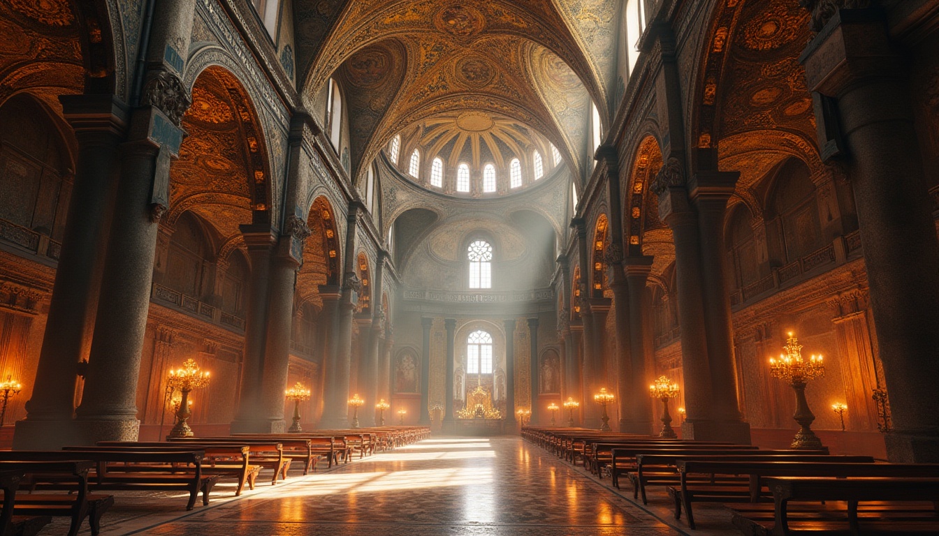 Prompt: Majestic Byzantine church, grand arches, ornate carvings, golden mosaics, vibrant frescoes, intricate stone inlays, majestic domes, imposing columns, ornamental capitals, richly patterned textiles, warm candlelight, soft diffused lighting, atmospheric fog, dramatic chiaroscuro, 1/2 composition, symmetrical framing, realistic textures, subtle ambient occlusion.