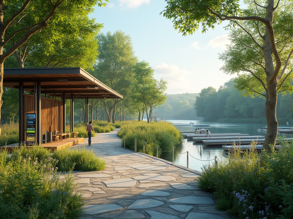 Prompt: Riverbank charging station, lush greenery, native plants, wildflowers, meandering pathways, wooden docks, metal pergolas, solar panels, modern minimalist design, eco-friendly materials, energy-efficient systems, serene river views, gentle water flows, soft natural lighting, 1/1 composition, realistic textures, ambient occlusion.