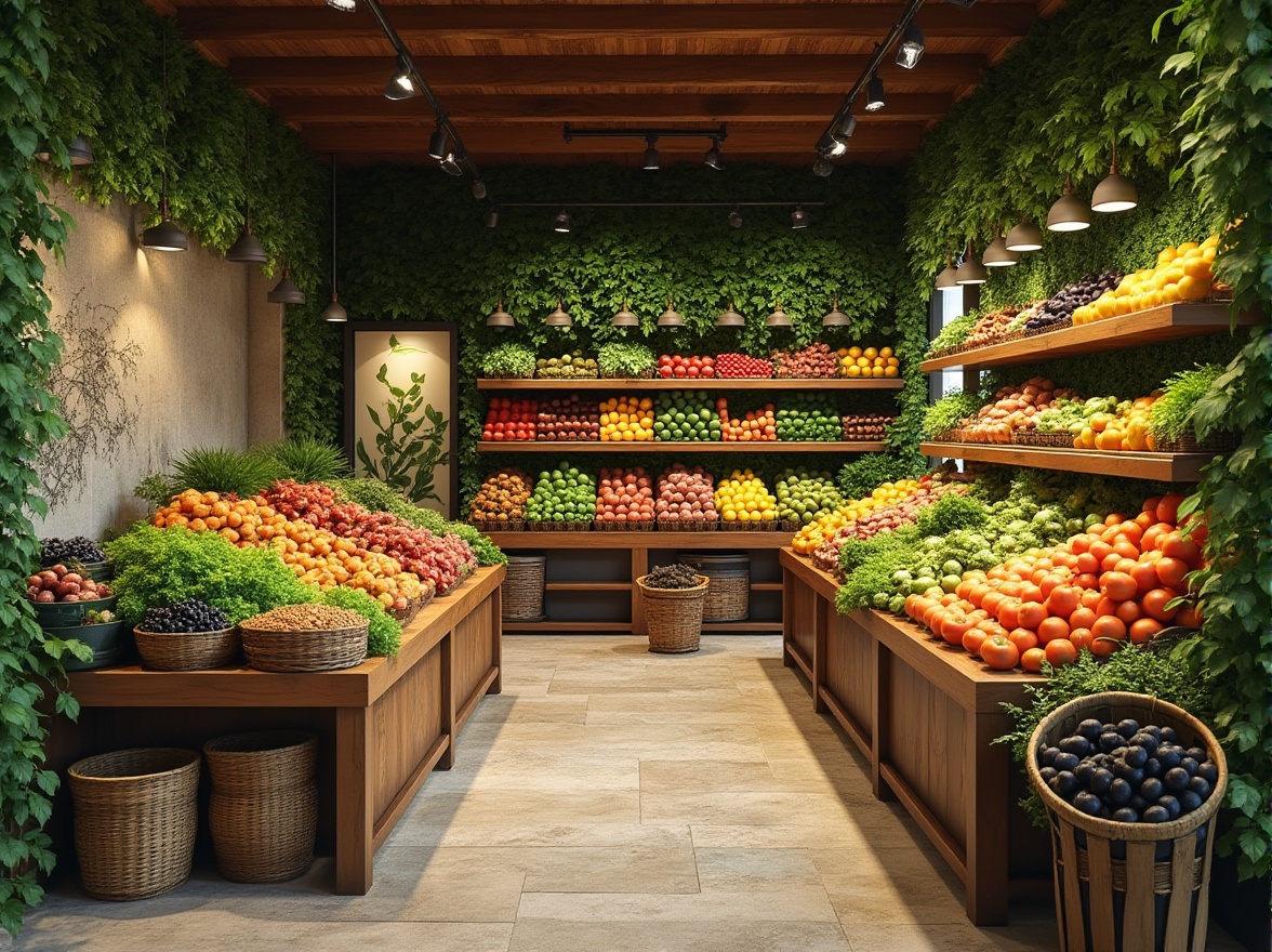 Prompt: Vibrant produce stands, lush greenery walls, reclaimed wood accents, natural stone flooring, earthy tone color palette, organic food displays, woven basket shelves, rattan furniture, living green walls, botanical prints, nature-inspired signage, warm soft lighting, shallow depth of field, 3/4 composition, realistic textures, ambient occlusion.