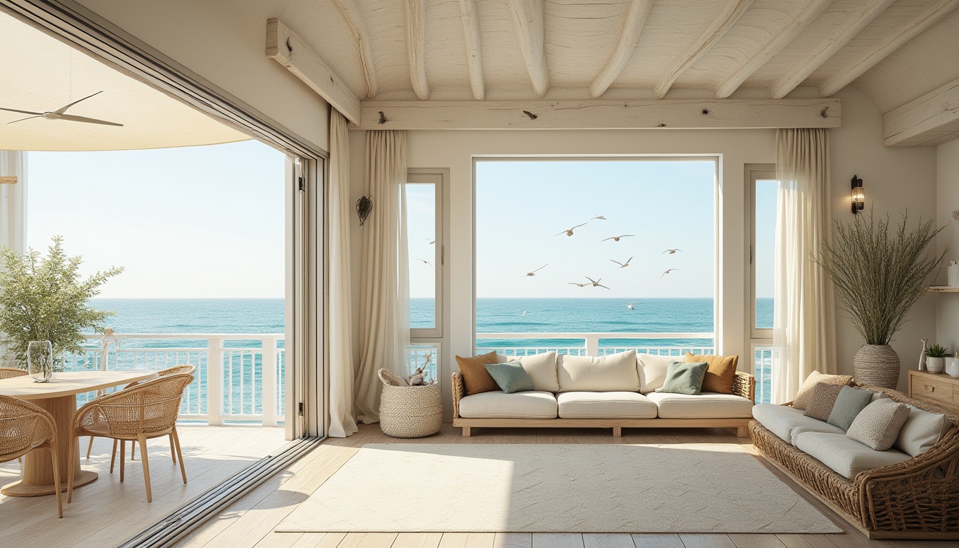 Prompt: Breezy coastal villa, oceanfront location, large windows, sliding glass doors, natural ventilation systems, operable shutters, wind catchers, solar shading devices, light-colored exterior finishes, curved rooflines, nautical-inspired design, beachy atmosphere, salty sea air, sound of waves, seagulls flying overhead, soft morning light, 1/2 composition, warm beige tones, rustic wood accents, woven fiber textiles, driftwood decorative elements.