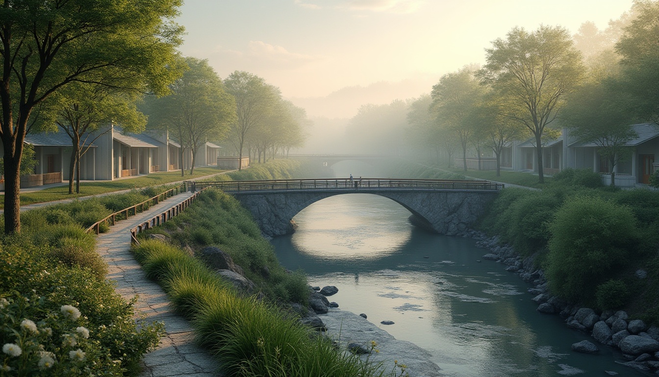 Prompt: Scenic bridge, gentle river flow, lush green banks, walking trails, wooden railings, steel arches, modern architecture, minimalist design, natural stone foundations, water reflection, misty morning, soft warm lighting, shallow depth of field, 1/1 composition, panoramic view, realistic textures, ambient occlusion.