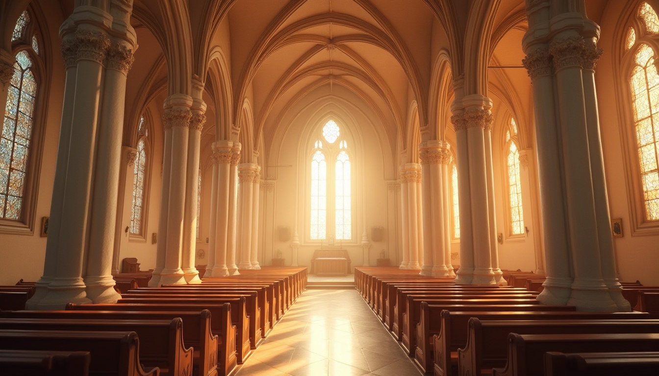 Prompt: Ethereal church interior, vaulted ceilings, stained glass windows, warm golden lighting, rich wood tones, ornate details, intricate carvings, soft pastel colors, cream-colored stone walls, subtle gradient effects, mystical ambiance, serene atmosphere, gentle natural light, 1/1 composition, realistic textures, ambient occlusion.