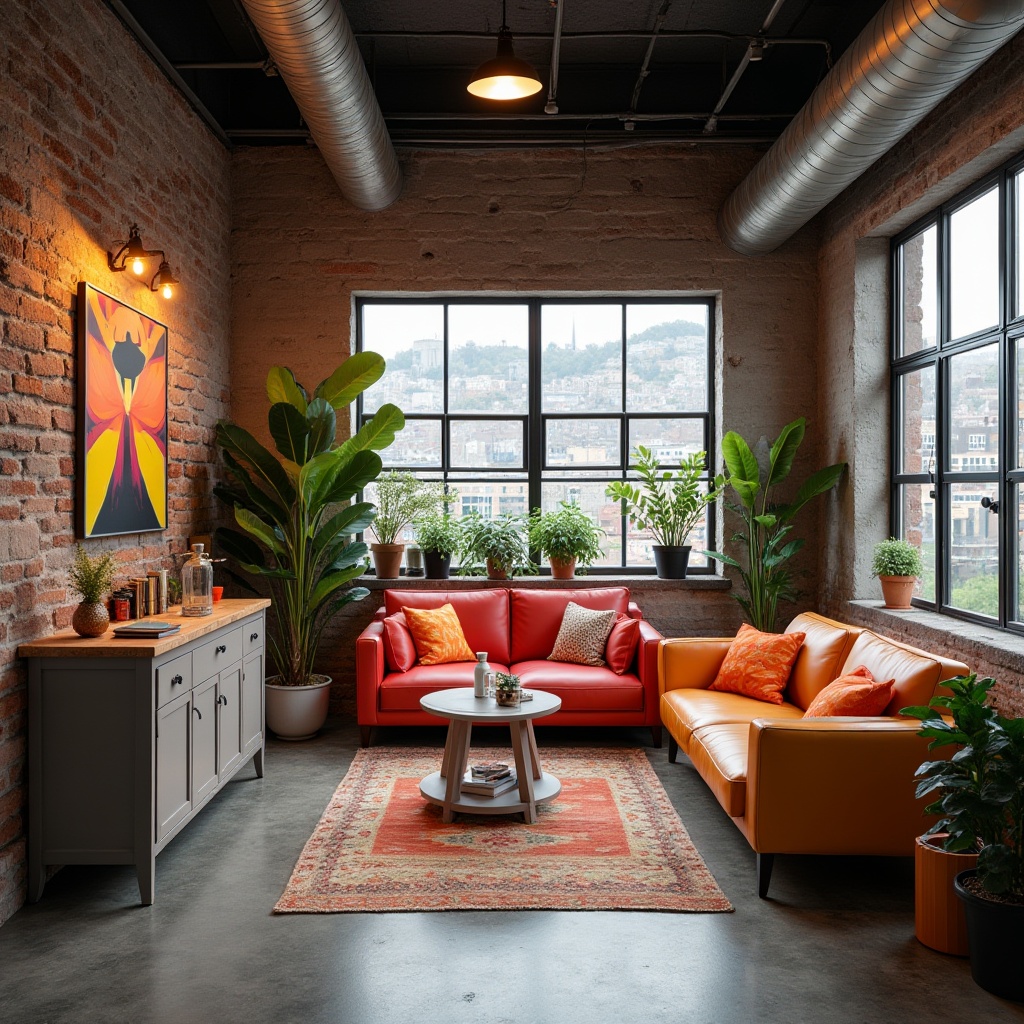 Prompt: Vibrant artistic studio, modern industrial architecture, exposed brick walls, polished concrete floors, eclectic furniture pieces, bold colorful accents, abstract artwork, trendy designer lighting, urban cityscape views, overcast sky, soft warm natural light, shallow depth of field, 2/3 composition, atmospheric perspective, stylized textures, subtle ambient occlusion.