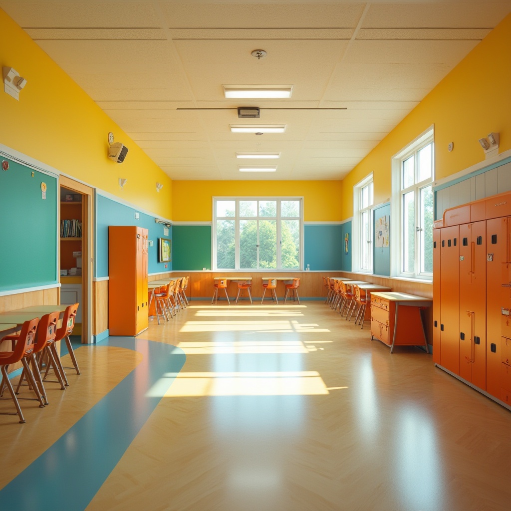 Prompt: Vibrant elementary school, bright corridors, bold lockers, playful classrooms, energetic color scheme, warm yellow walls, calming blue accents, stimulating orange furniture, green educational boards, interactive whiteboards, collaborative desks, comfortable seating areas, natural wood tones, abstract geometric patterns, dynamic lighting fixtures, softbox lighting, 1/1 composition, shallow depth of field, realistic textures.