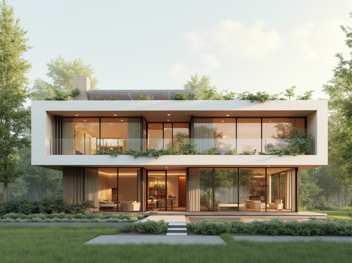 Prompt: South-facing building facade, large windows, solar panels, green roofs, energy-efficient systems, sustainable materials, modern architecture, rectangular shape, flat roof, white exterior walls, minimal shading devices, optimized natural lighting, warm beige tones, soft diffused light, 1/1 composition, realistic textures, ambient occlusion.