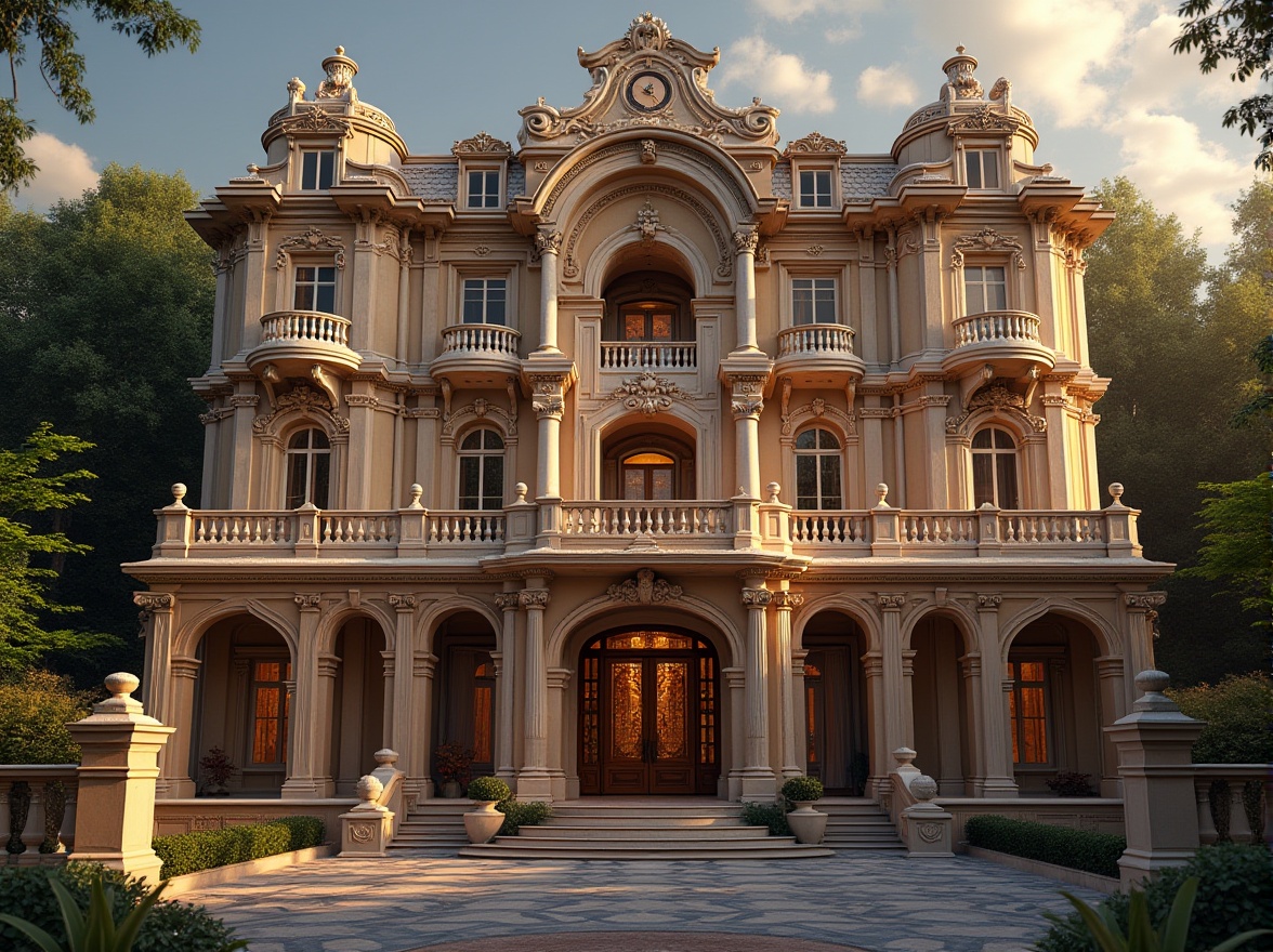 Prompt: Luxurious mansion, ornate facade, grand entrance, intricately carved stonework, majestic columns, symmetrical architecture, elegant balconies, refined railings, sophisticated color scheme, rich textures, lavish decorations, ambient lighting, warm golden tones, shallow depth of field, 2/3 composition, realistic materials, subtle weathering effects.