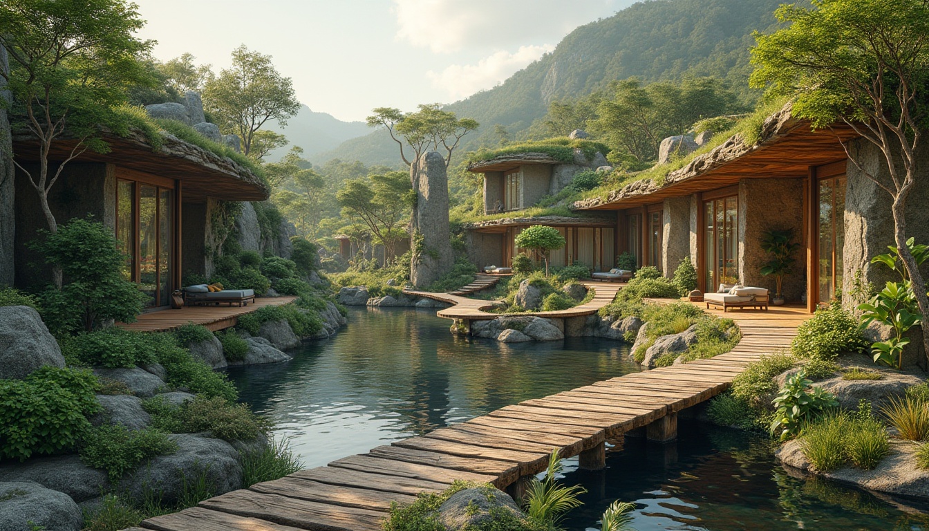 Prompt: Seamless landscape integration, organic curves, natural stone walls, lush green roofs, native plant species, meandering pathways, wooden bridges, serene water features, tranquil ponds, rustic wooden benches, weathered steel accents, earthy color palette, soft warm lighting, shallow depth of field, 1/2 composition, panoramic view, realistic textures, ambient occlusion.