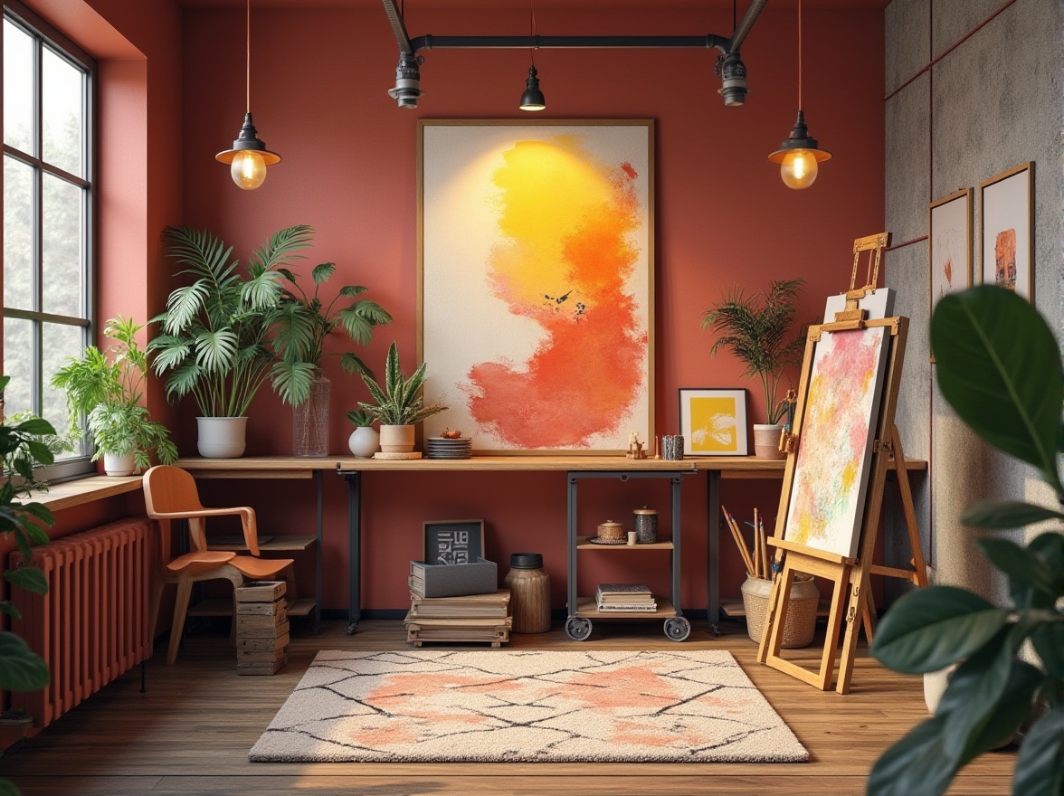 Prompt: Vibrant modern art studio, eclectic color scheme, bold brushstrokes, textured canvas, artistic easel, natural wood floor, minimalist decor, industrial metal shelves, abstract artwork, contemporary lighting fixtures, warm cozy atmosphere, soft box lighting, 1/1 composition, realistic shadows, ambient occlusion.