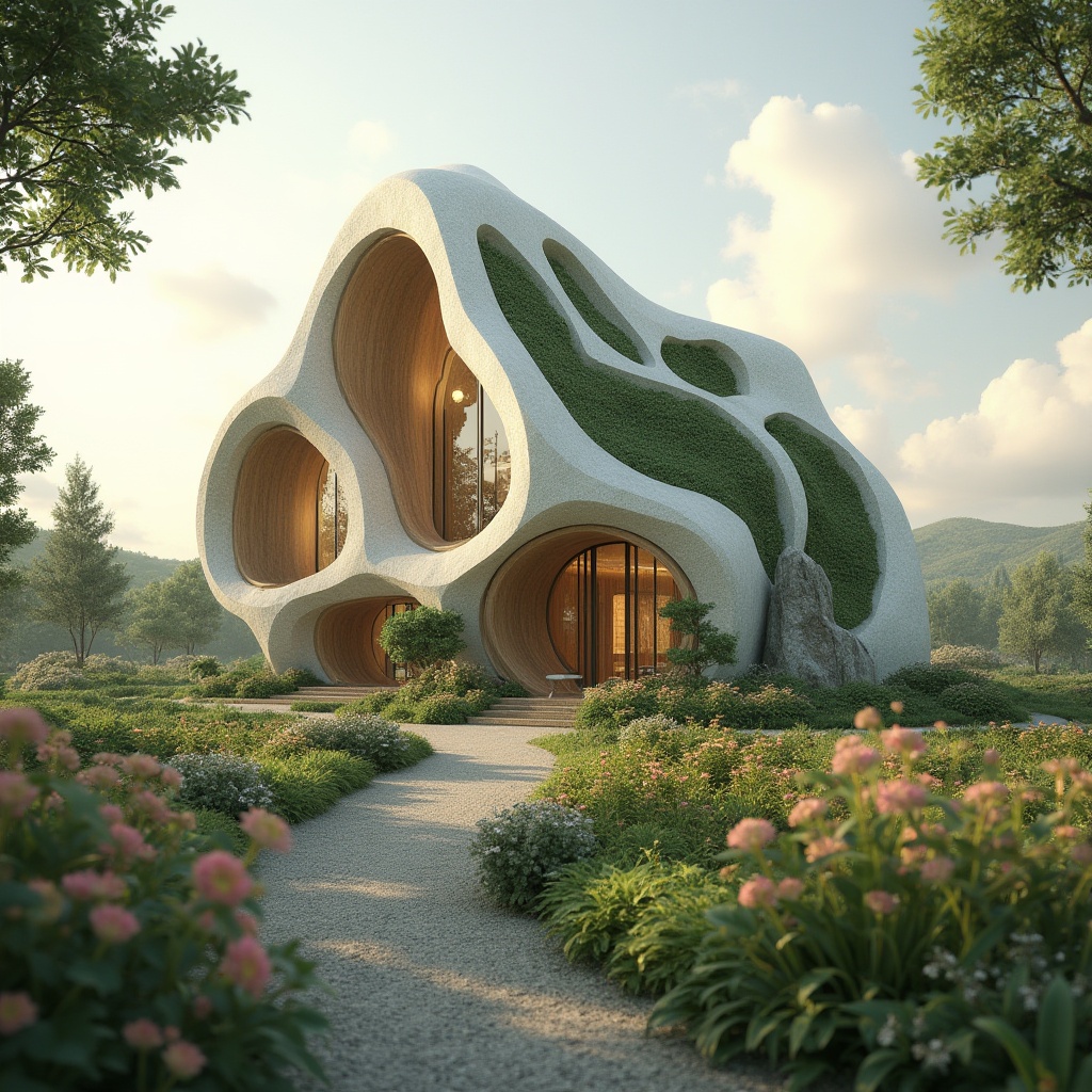 Prompt: Organic blob-shaped church, undulating curves, natural materials, recycled wood accents, living green walls, solar panels, wind turbines, rainwater harvesting systems, eco-friendly concrete, minimal carbon footprint, serene atmosphere, soft warm lighting, shallow depth of field, 3/4 composition, panoramic view, realistic textures, ambient occlusion, lush vegetation, vibrant flowers, peaceful surroundings.