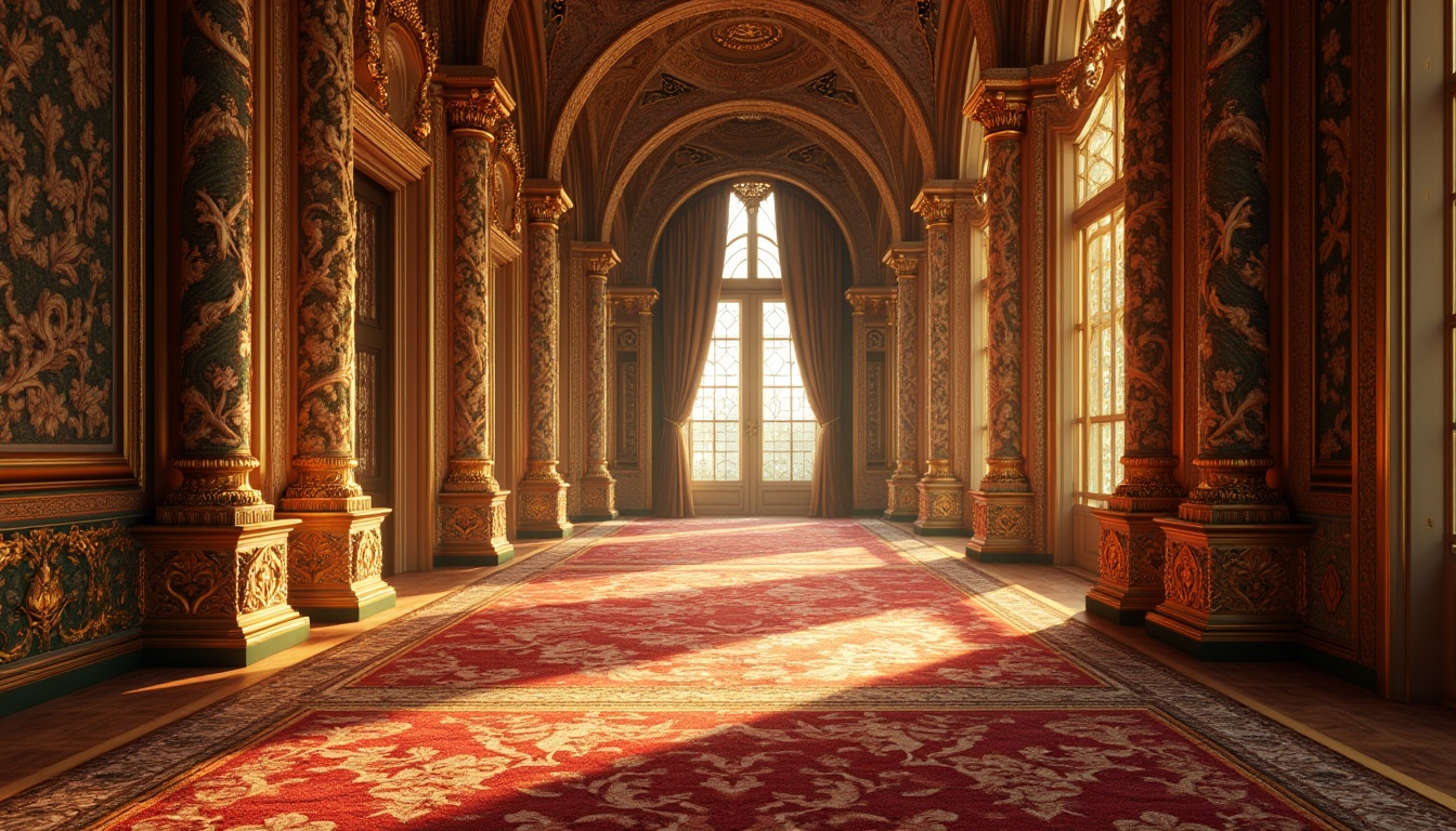 Prompt: Gold accents, ornate mosaics, rich jewel tones, crimson reds, emerald greens, sapphire blues, intricate patterns, ornamental details, grand arches, vaulted ceilings, luxurious textiles, velvet fabrics, golden lighting, soft warm glow, shallow depth of field, 1/1 composition, realistic textures, ambient occlusion, opulent interior design, majestic architecture, historic landmarks.