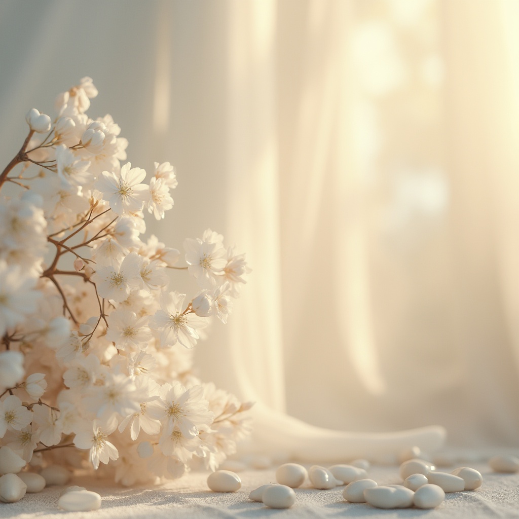 Prompt: Soft pastel hues, calming ambiance, gentle gradations, warm beige tones, soothing blue shades, natural earthy undertones, creamy whites, rich wood accents, subtle metallic sheens, delicate florals, elegant typography, refined minimalism, balanced composition, 1/1 aspect ratio, soft focus, warm golden lighting, serene atmosphere.